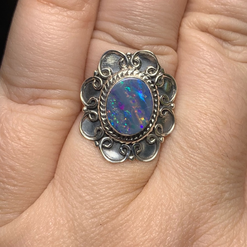 Solid Sterling Australian Opal Flower Ring - image 8